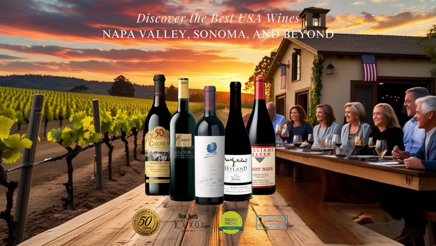 Scenic view of a Napa Valley vineyard at sunset with red and white wine glasses on a barrel, representing American wine culture
