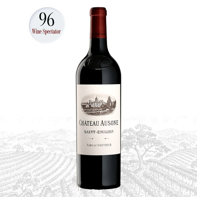 Chateau Ausone wine bottle with Wine Spectator score on a white background