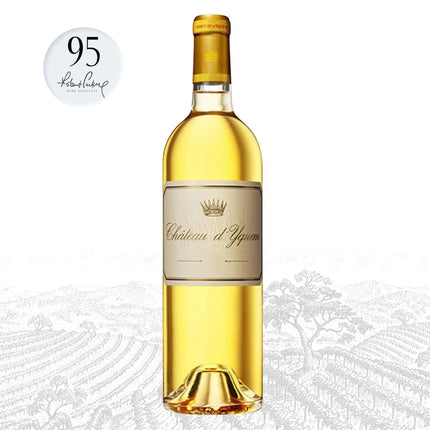 Bottle of Château d'Yquem wine with a gold label on a white background
