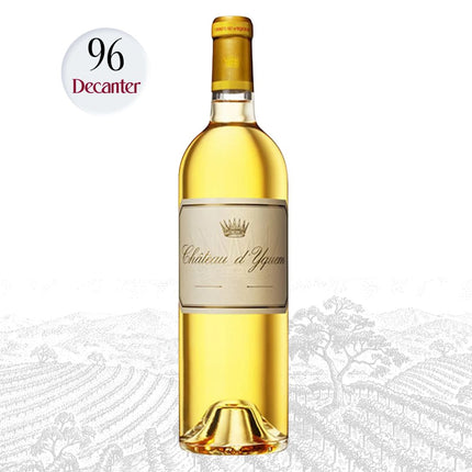 Bottle of Château d'Yquem wine with a 96 Decanter rating on a white background