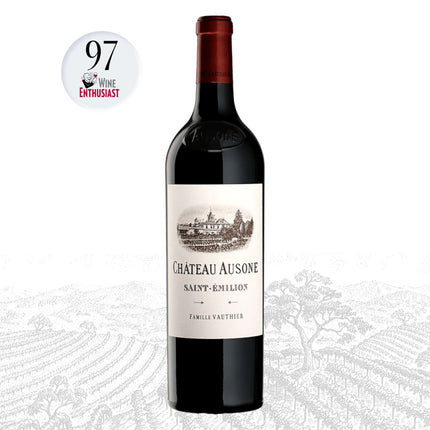 Chateau Ausone wine bottle with a 97 rating from Wine Enthusiast on a white background
