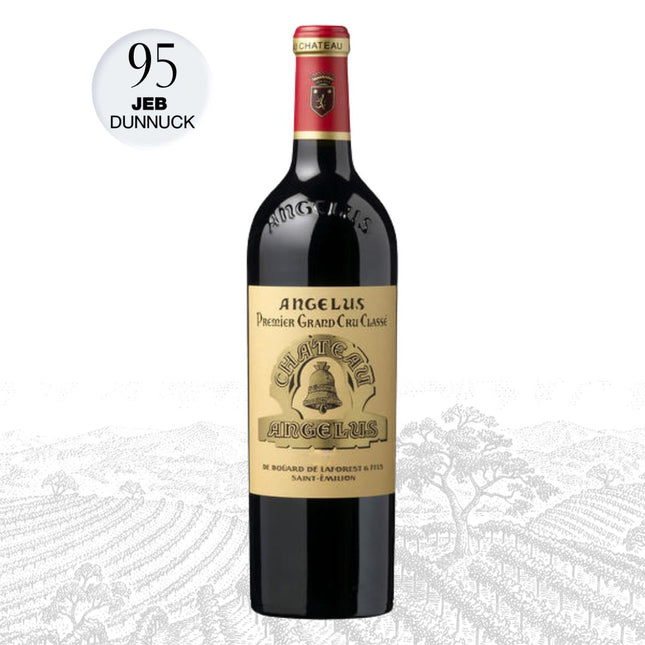 Bottle of Angelus red wine with a white background
