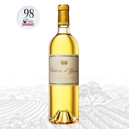 Bottle of Château d'Yquem white wine with a 98-point rating from Wine Enthusiast on a white background.