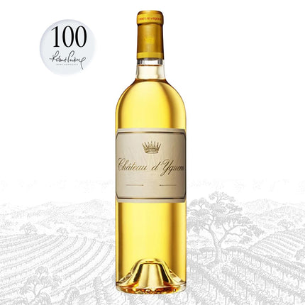 Bottle of Château d'Yquem wine on a white background with '100 Points' label.