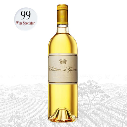 Bottle of Château d'Yquem wine with a Wine Spectator score badge on a white background