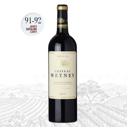 Bottle of Chateau Meyney wine with a James Suckling score label on a white background