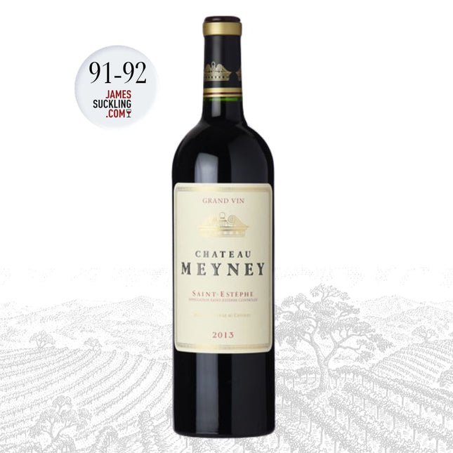 Bottle of Chateau Meyney wine with a James Suckling score label on a white background