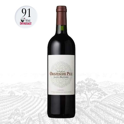 Bottle of Ormes de Pez wine with a 91-point rating from Wine Enthusiast on a white background
