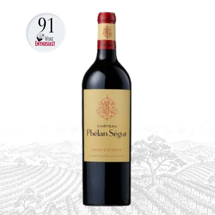 Bottle of Château Phélan Ségur wine with a Wine Enthusiast score label on a white background