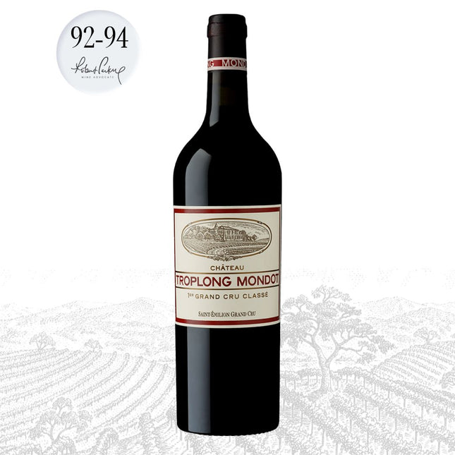 Wine bottle with Troplong Mondot label on a white background