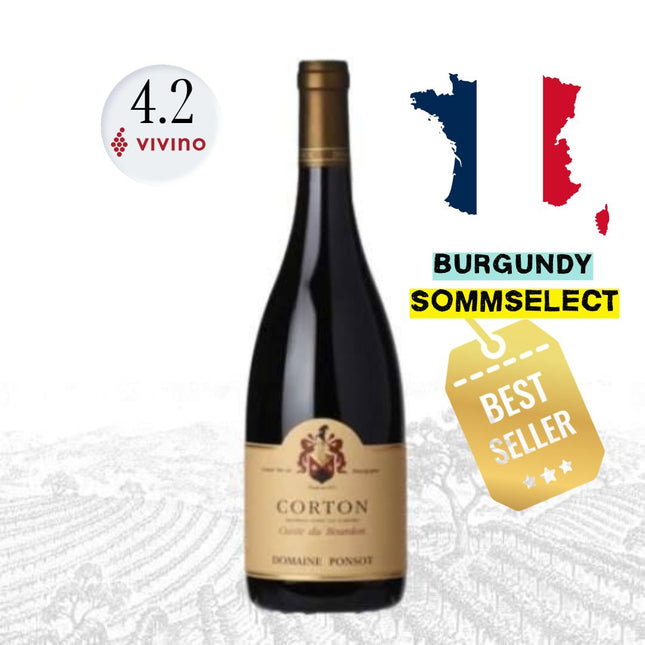 A bottle of Corton Domaine Ponsot red wine from the Loire Valley, displayed against a white background with a faint vineyard illustration. The bottle has a gold foil neck and a beige label with a crest.