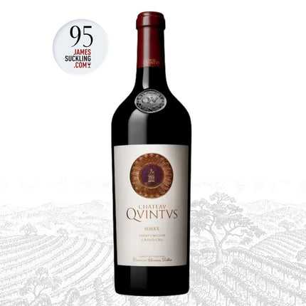 Chateau Quintus wine bottle with a James Suckling score badge on a white background