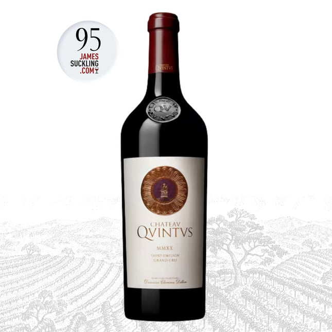 Chateau Quintus wine bottle with a James Suckling score badge on a white background