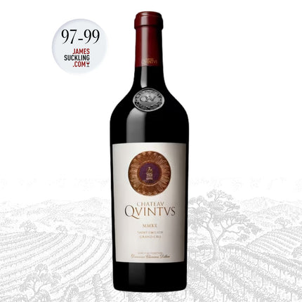 Chateau Quintus wine bottle with James Suckling score on a white background