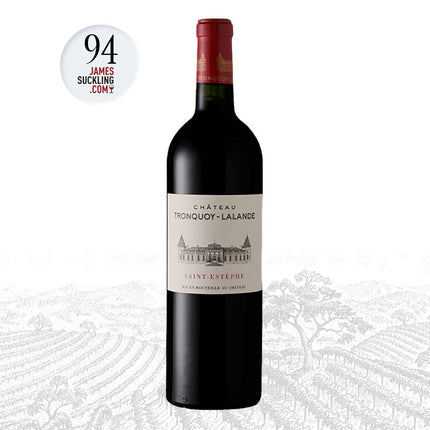 Wine bottle with 'Chateau Tronquoy-Lalance' label on a white background