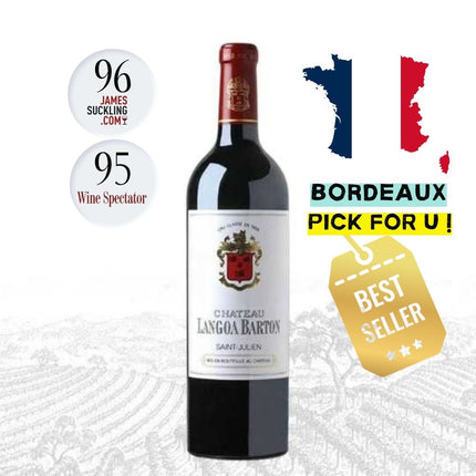 A bottle of Château Langla Baron red wine centered on a white background with promotional graphics, including circular rating badges, a French flag, 'France Pick For U!', and a gold 'Best Seller' tag.