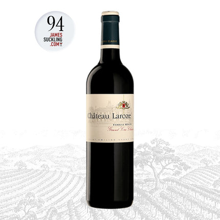 Château Laroze wine bottle with James Suckling score 94 on a white background