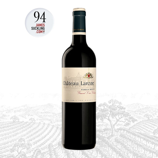Château Laroze wine bottle with James Suckling score 94 on a white background