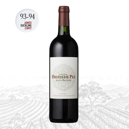 Bottle of Ormes de Pez wine with James Suckling score on a white background