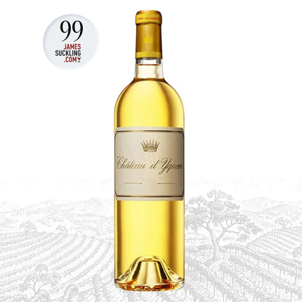 Bottle of Château d'Yquem wine with a James Suckling score label on a white background