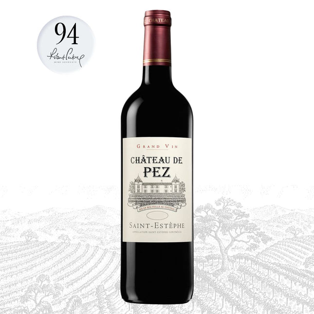 Château de Pez red wine bottle with a 94-point rating on a white background