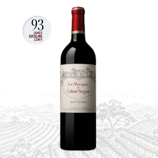 Bottle of Le Marquis de Calon Segur wine with a James Suckling score label on a white background