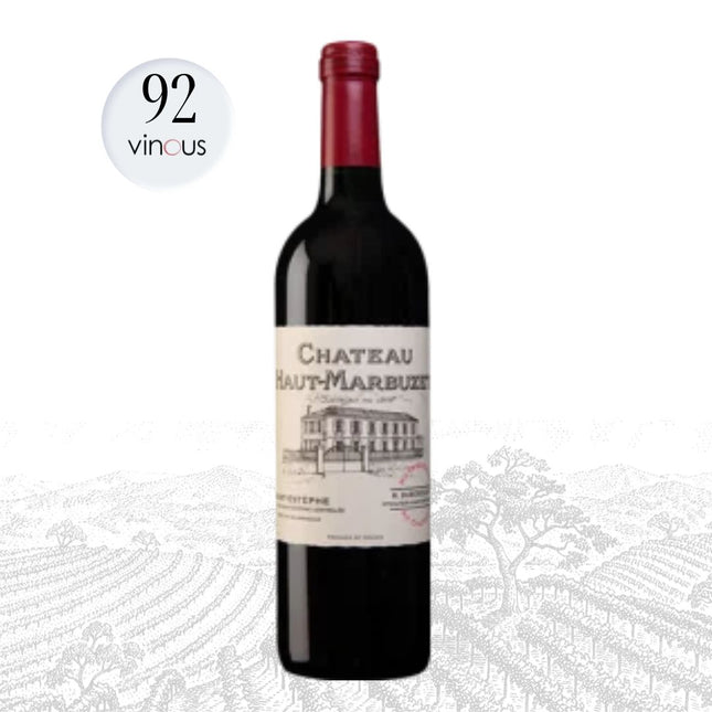 Bottle of Chateau Haut-Marbuzet wine with a '92 vincus' rating on a white background