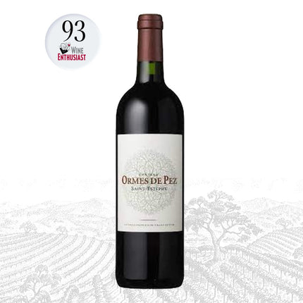 Bottle of Ormes de Pez wine with a Wine Enthusiast score label on a white background