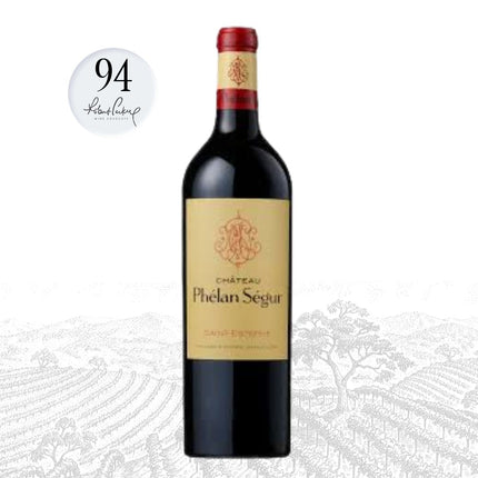 Château Phélan Ségur wine bottle with a rating on a white background
