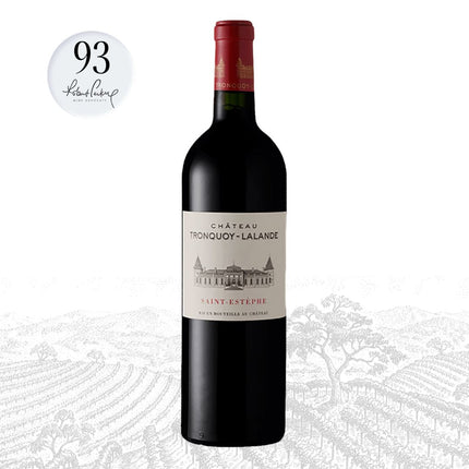 Red wine bottle with a label on a white background