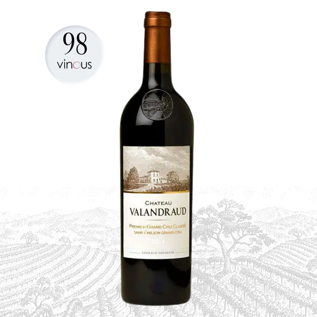 Chateau Valandraud wine bottle with a 98-vinous rating on a white background