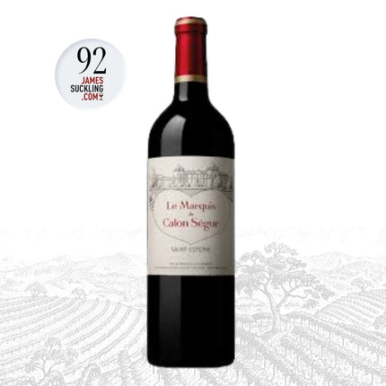 Bottle of Le Marquis de Calon Segur wine with a James Suckling score label on a white background