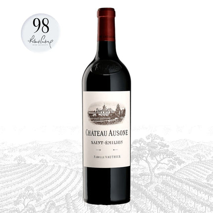Chateau Ausone wine bottle with a 98-point rating on a white background