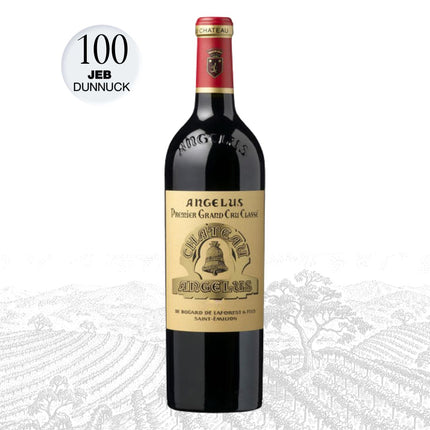 Angélus wine bottle with a gold label on a white background