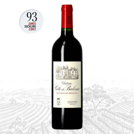Bottle of Chateau Céte de Béteau wine with a James Suckling score label on a white background.