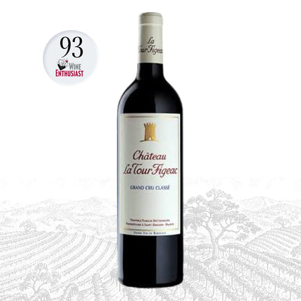 Bottle of Chateau La Tour Figeac wine with a white label on a light background