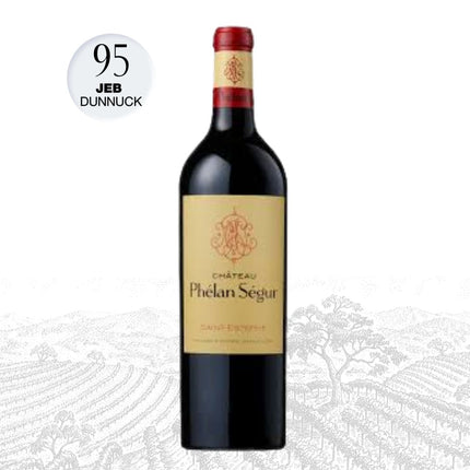 Bottle of Château Phèlan Ségur wine with a Jeb Dunnuck rating on a white background