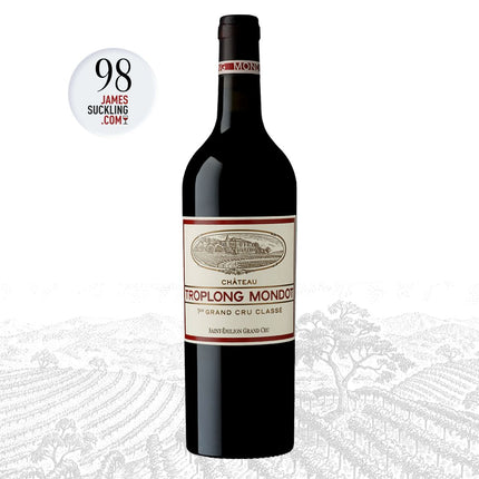 Wine bottle with 'Chateau Troplong Mondot' label on a white background