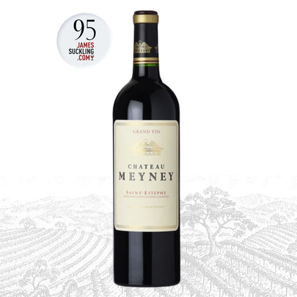 Bottle of Chateau Meyney wine with a James Suckling score label on a white background