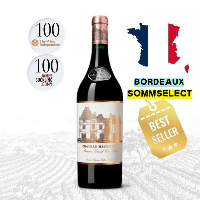 A bottle of Chateau Haut-Brion red wine centered on a white background with promotional graphics, including two circular '100' award badges, a French map, 'BORDEAUX SOMMSELECT' text, and a gold 'BEST SELLER' tag.