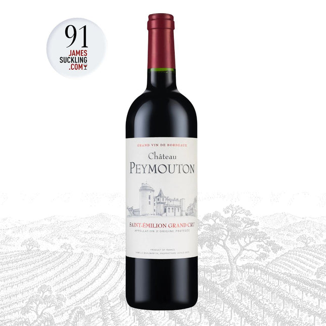 Bottle of Château Peymouton wine with James Suckling score on a white background
