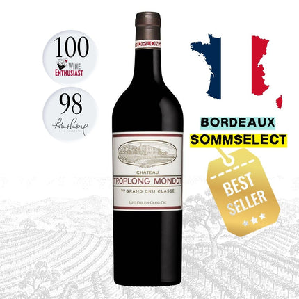 Château Troplong Mondot red wine bottle centered on a white background with promotional badges, including a French wine enthusiast 100 rating, a 98 rating, a French map graphic, 'Bordeaux Sommelet' text, and a gold 'Best Seller' tag.