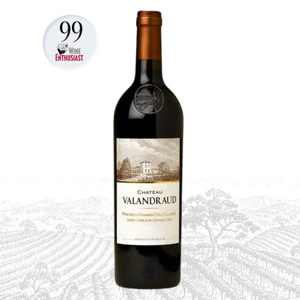Bottle of Chateau Valandraud wine with a 99 Wine Enthusiast rating on a white background