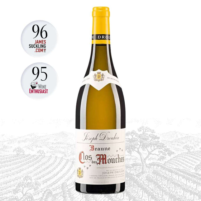 A bottle of Joseph Drouhin Beaune Clos Mouches white wine, featuring a yellow cap and cream-colored label, set against a white background with a faint vineyard illustration and two circular rating badges on the left.