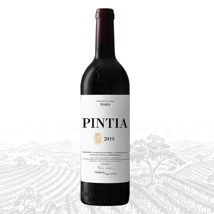 Wine bottle labeled 'Pintia 2019' on a white background