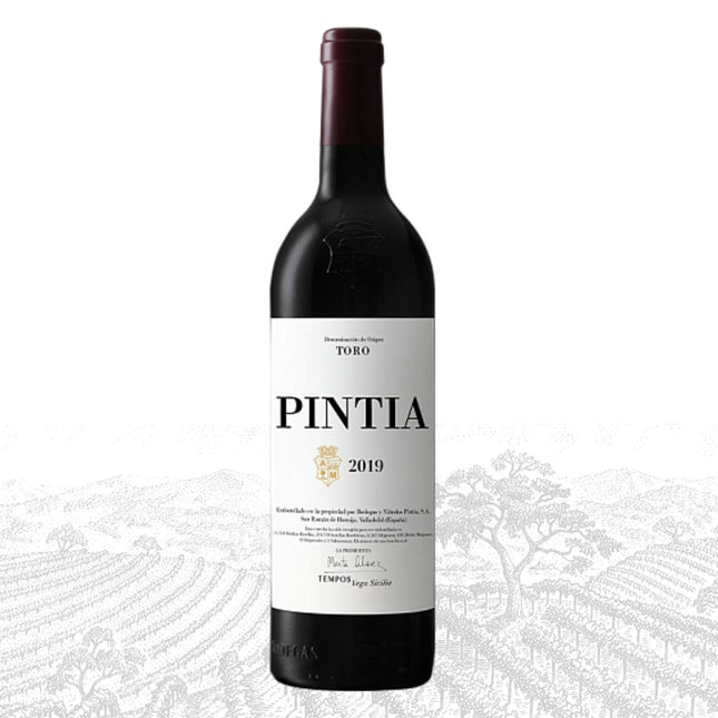 Wine bottle labeled 'Pintia 2019' on a white background