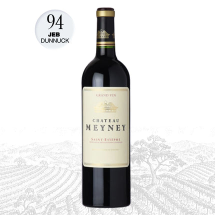 Bottle of Chateau Meyney wine with a Jeb Dunnuck score on a white background