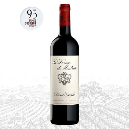 Red wine bottle with 'La Dame de Montrose' label on a white background