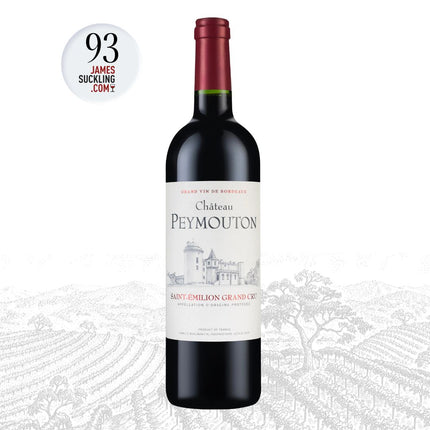 Bottle of Château Peymouton wine with James Suckling score on a white background