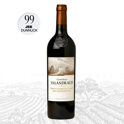 Chateau Valandraud wine bottle with Jeb Dunnuck rating on a white background